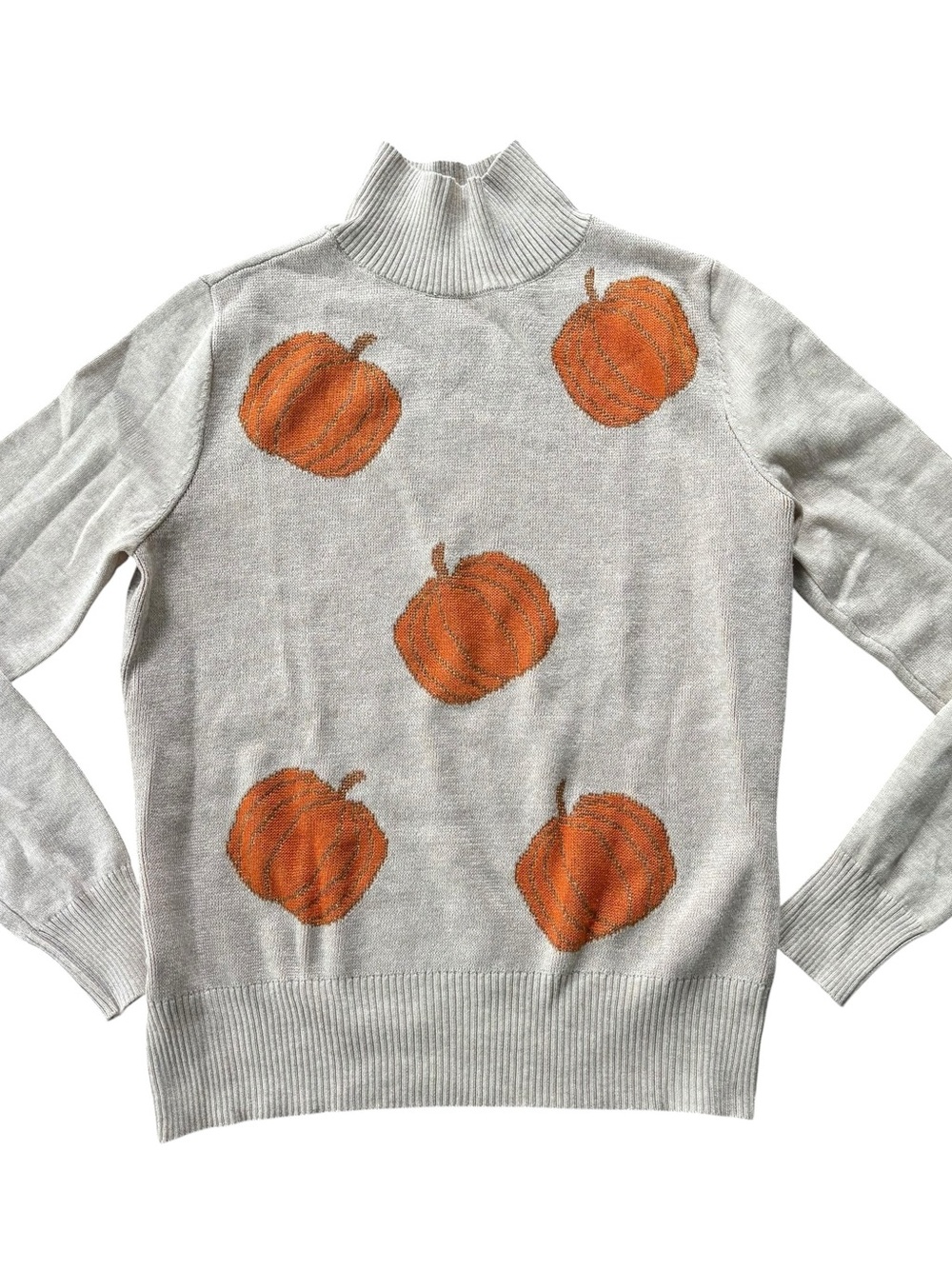 Women's Light Oatmeal Pumpkin Print Turtleneck Sweater